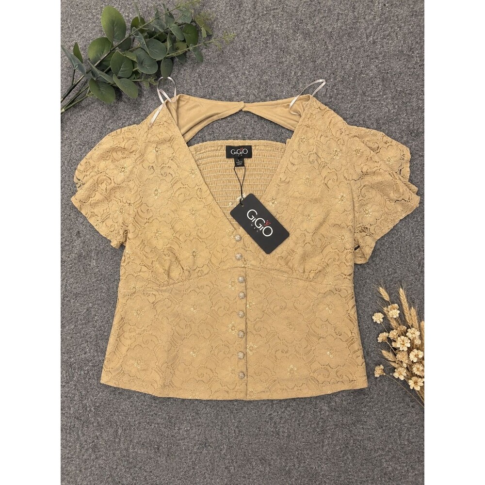 GiGiO USA Women Large Tan Lace Blouse V Neck Button Front Flutter Sleeve Boho